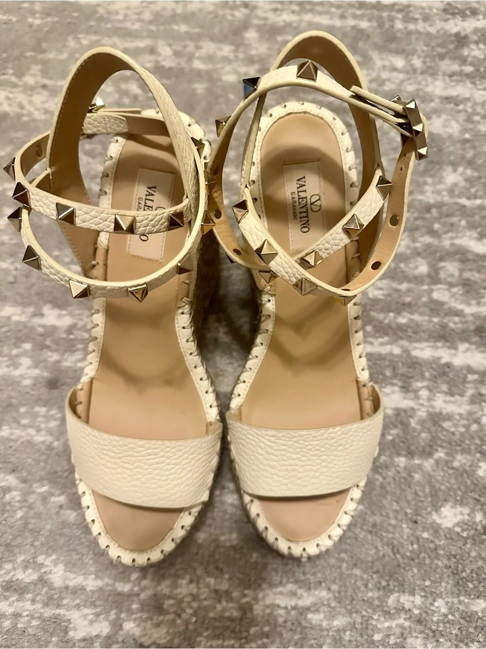 Valentino Ivory Leather Rockstud Ankle-Strap Wedge Sandals